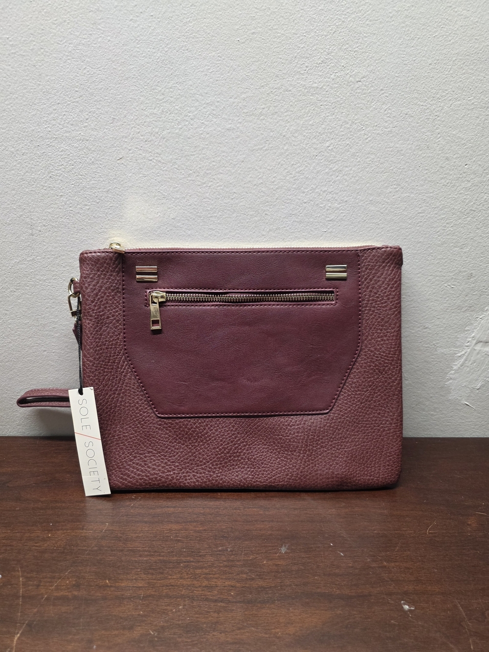 Sole Society Plum Leather Zip Wristlet with Gold Hardware
